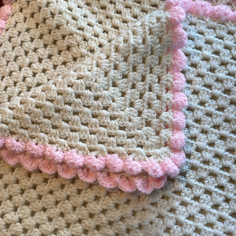 Handmade Crocheted Baby Blanket with Pink Trim, approx 40” square, Vintage